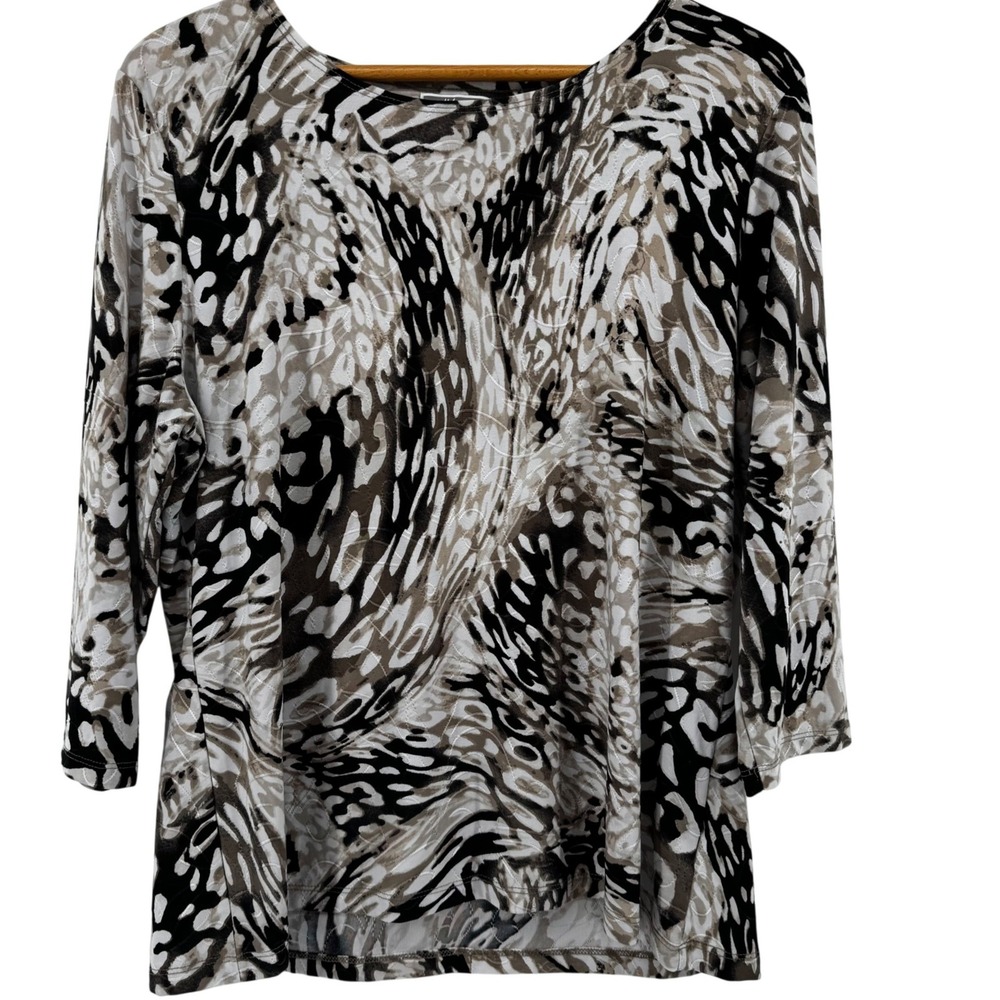 JM Collection Petite Abstract Animal Print 3/4 Sleeve Top Brown Black XL Office